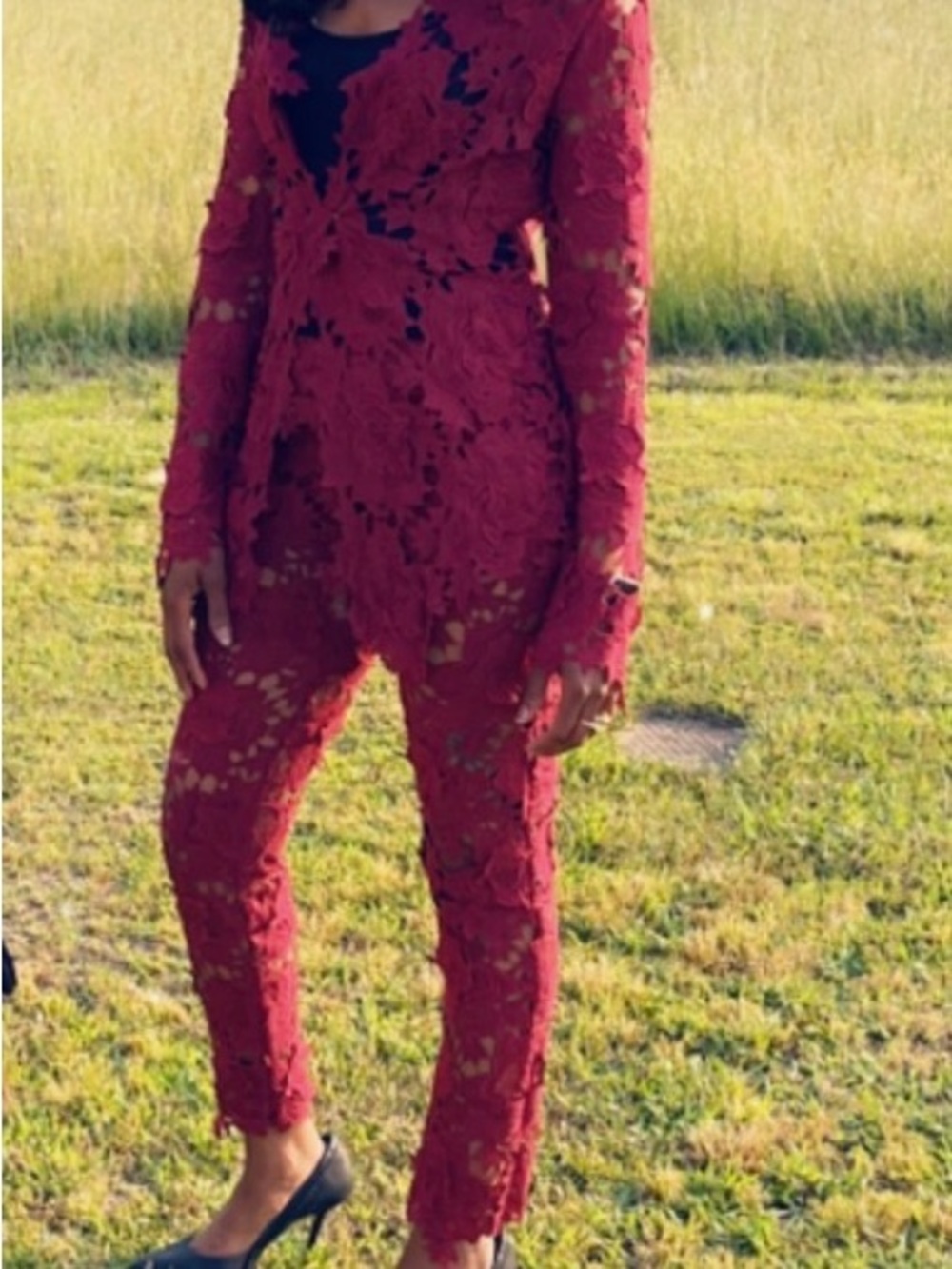 Women’s Small Burgundy Laced Floral Pants Set